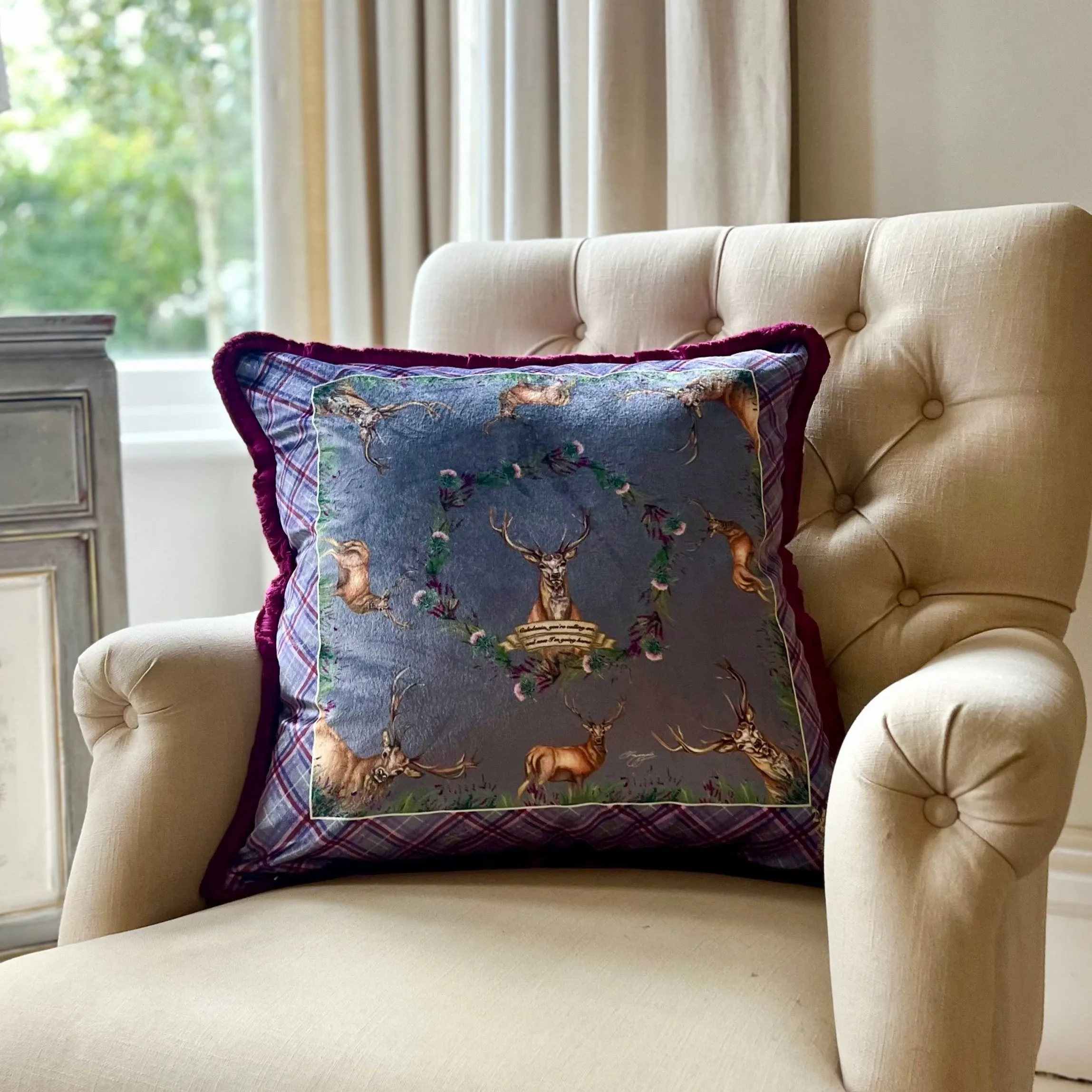 Caledonia Large Fringed Plush Velvet Cushion in Soft Amethyst Purple