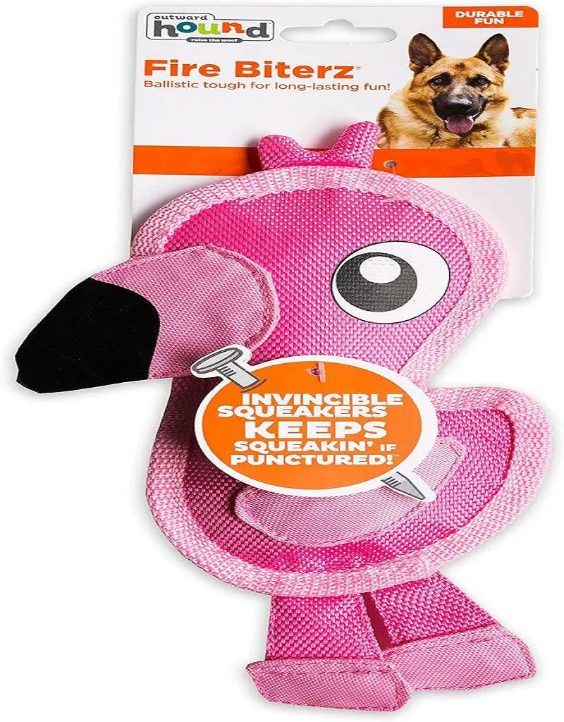 Outward Hound Fire Biterz Flamingo Plush Firehouse Material Interactive Dog Toy, Small