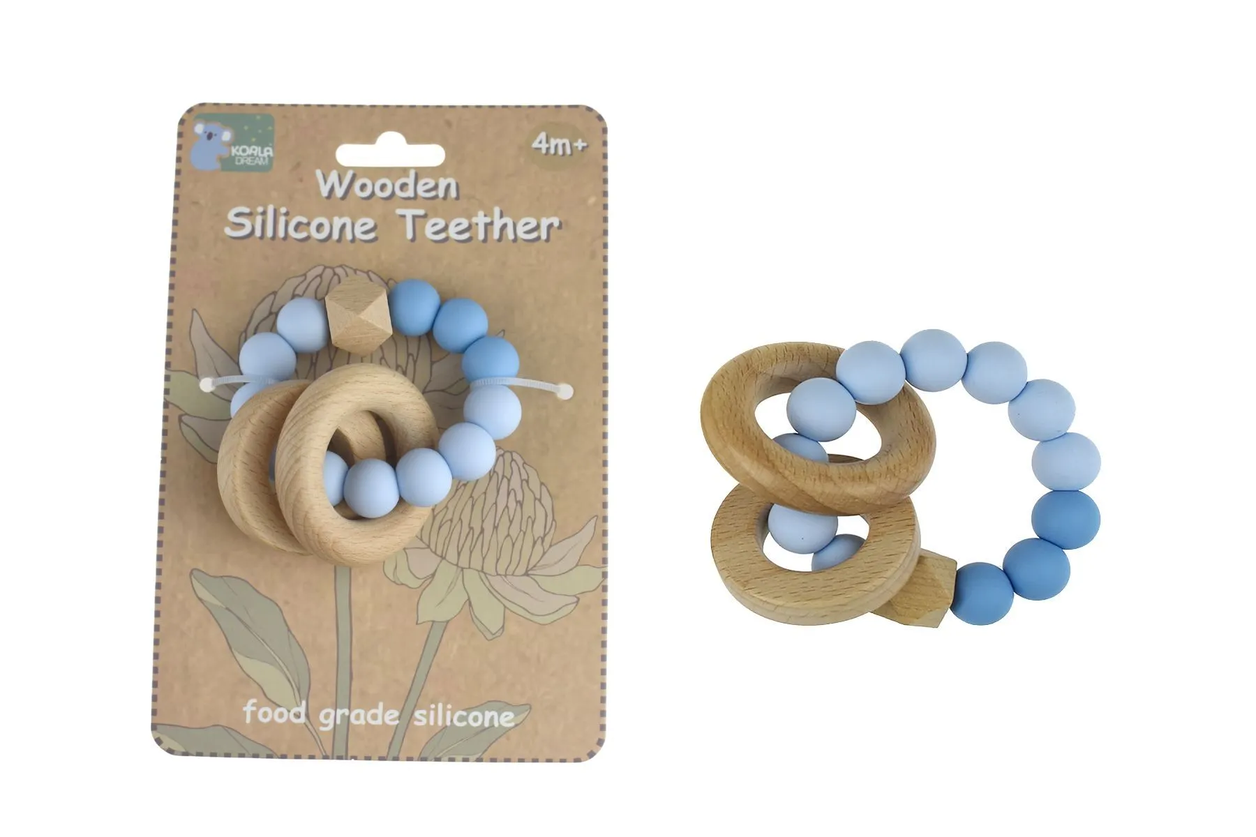 Wooden Silcone Teether - Baby Blue